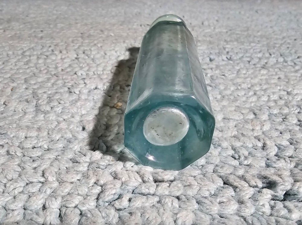 Small Octagon shaped Light Green Antique Bottle EMPTY