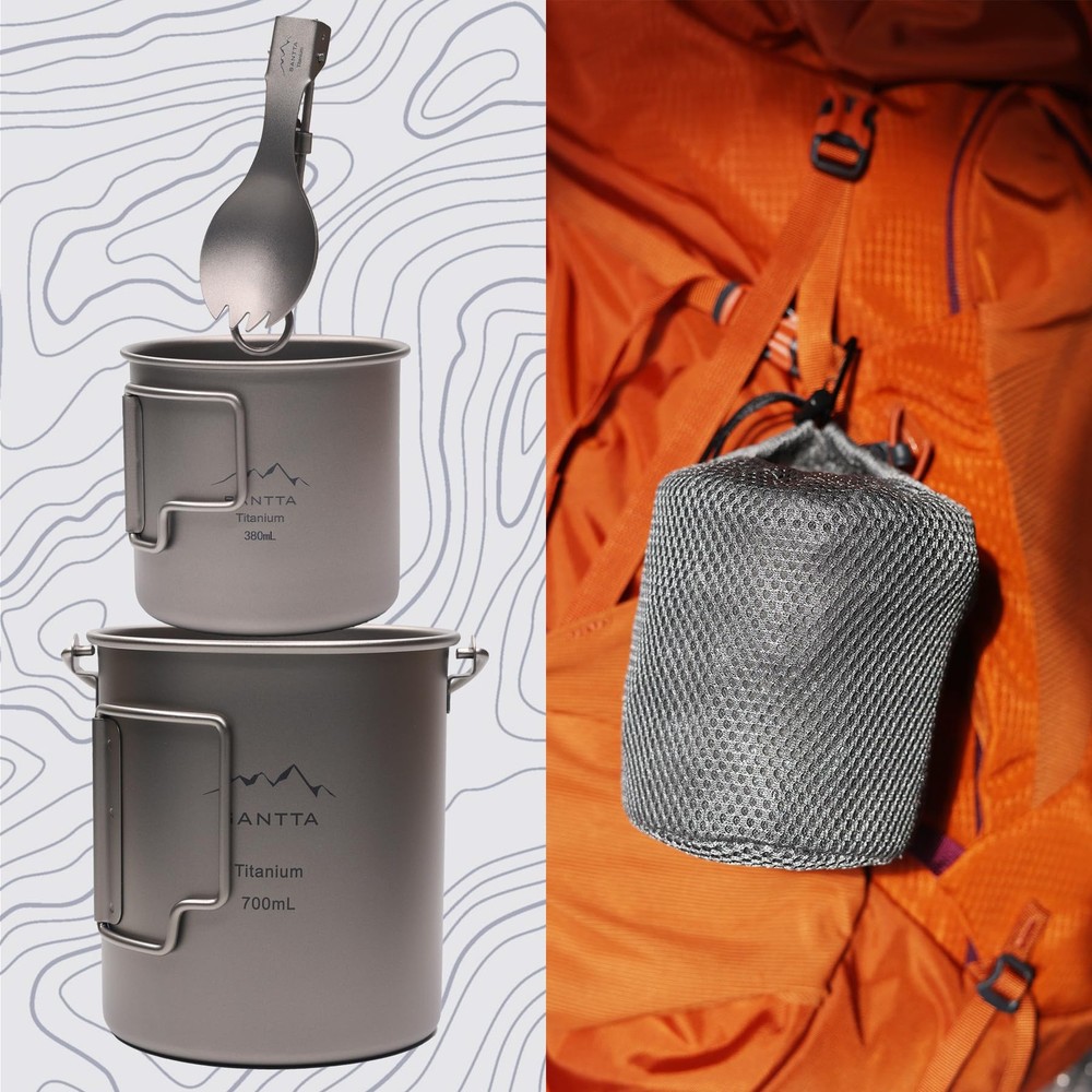 Titanium Camping Cookware Set – 700mL Pot with 380mL Drink Cup & Foldable Spo...