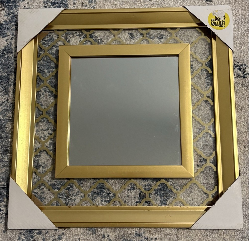 Gold Metal Framed Square Accent Mirror Decorative Pattern Modern Wall Mounted
