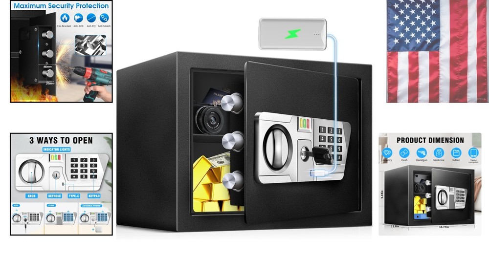 1.5 Cu Ft Small Fireproof Safe Box For Home Documents with Type-C External Po...