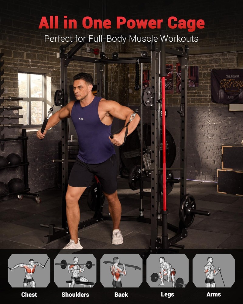 Power Cage Multi-Function Power Rack Home Gym with J Hooks Dip Bar Pulley System