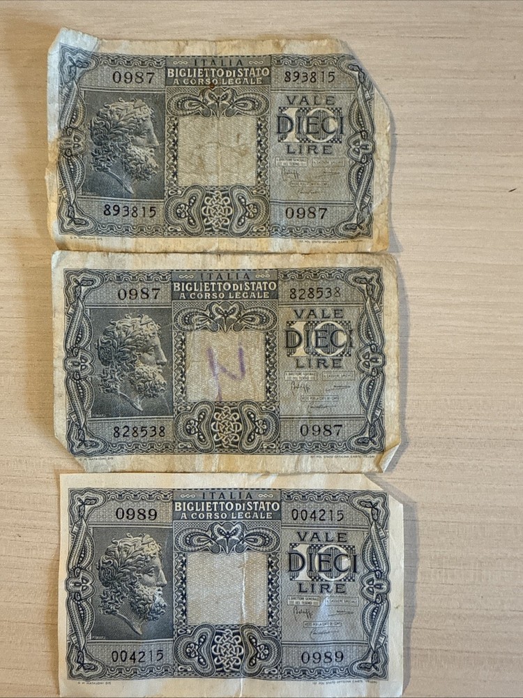 1944 Italy 10 Lire Banknote Note Bill Currency - 3 Notes