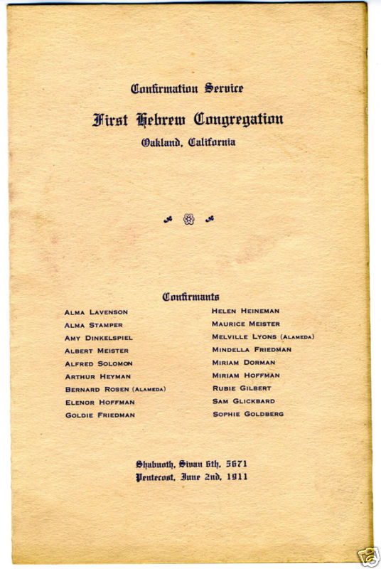 1911 Program 1st Hebrew Congregation Oakland CA