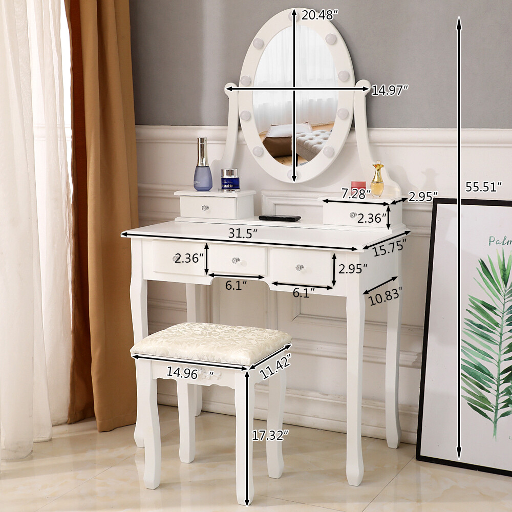 AUTOFOREVER White with light bulb 5 drawers 1 mirror dressing table set