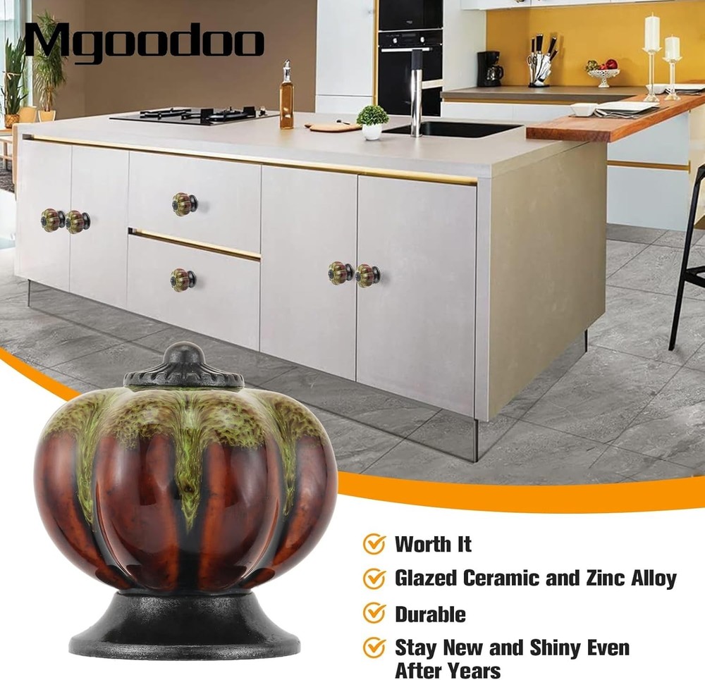 Rustic Green Pumpkin-Shaped Drawer Knobs - Handmade Ceramic Cabinet Pulls