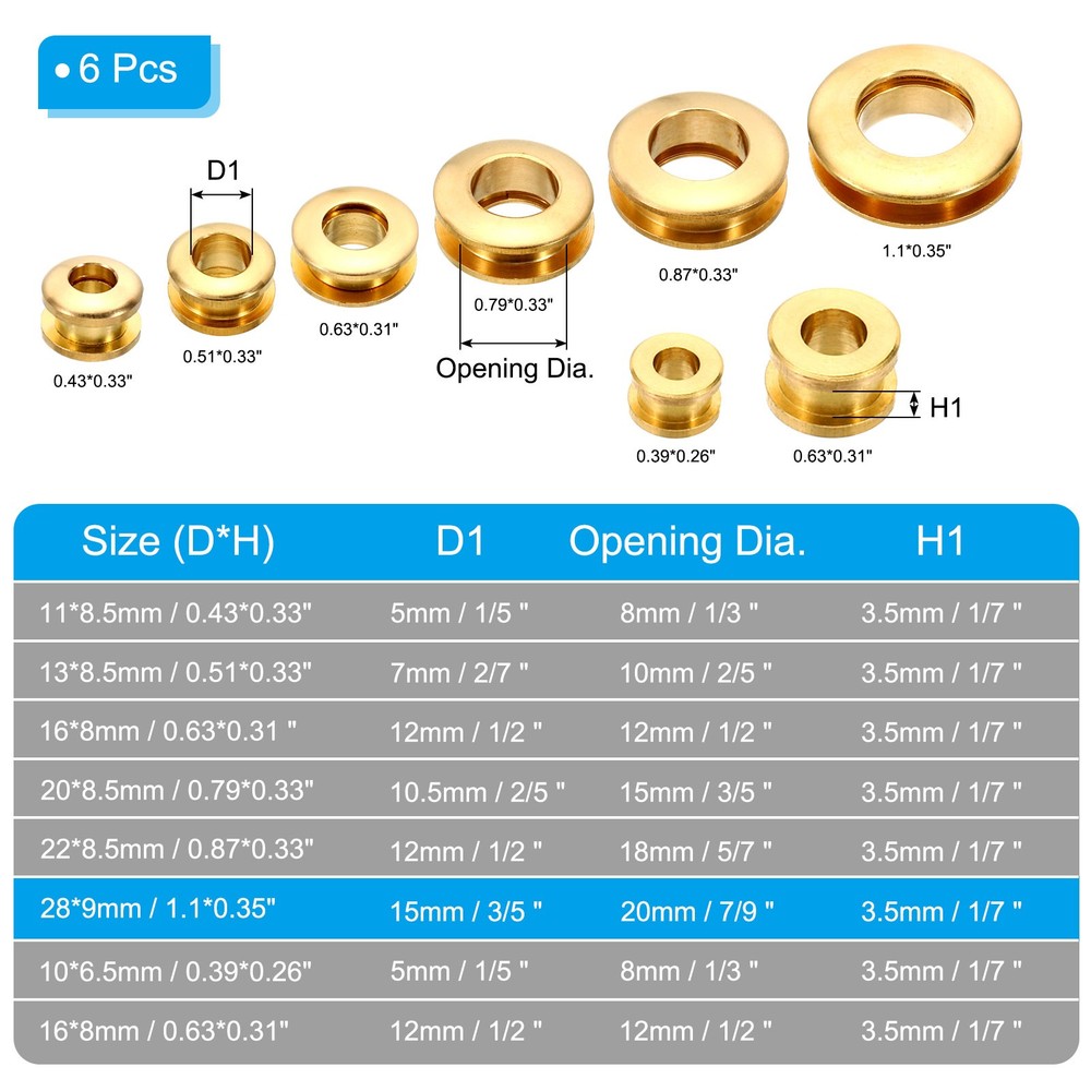 6Pcs 15mm(3/5 Inch) Solid Brass Hole Eyelets Arc Surface Grommets Brass Tone