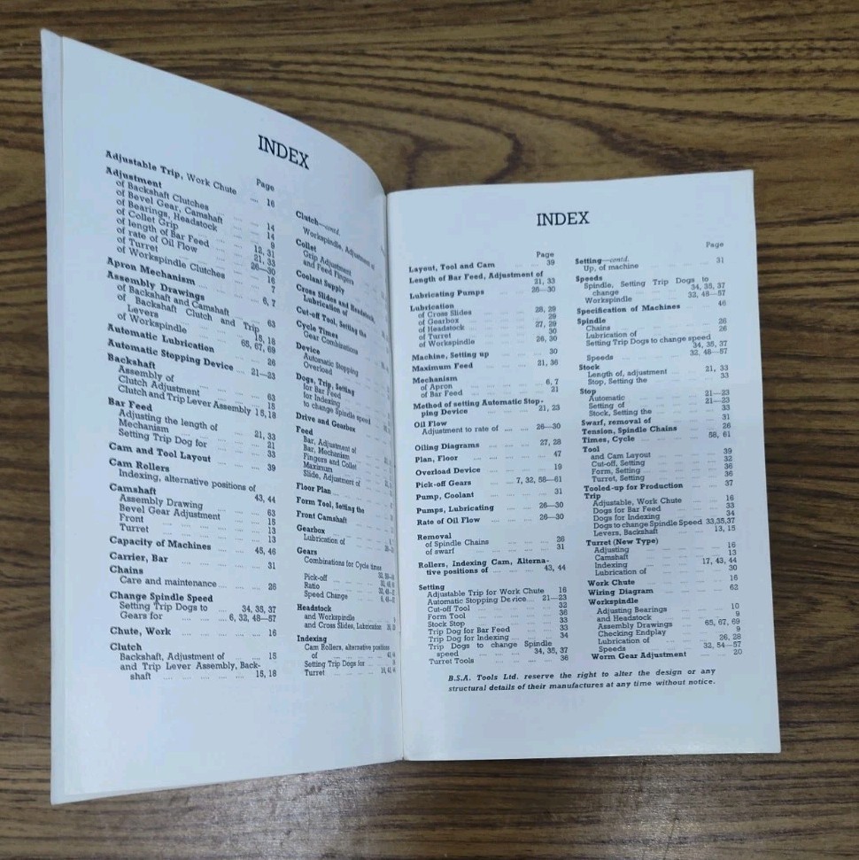 B.S.A. Tools Co Single Spindle Automatic Screw Machine Operator Handbook Manual