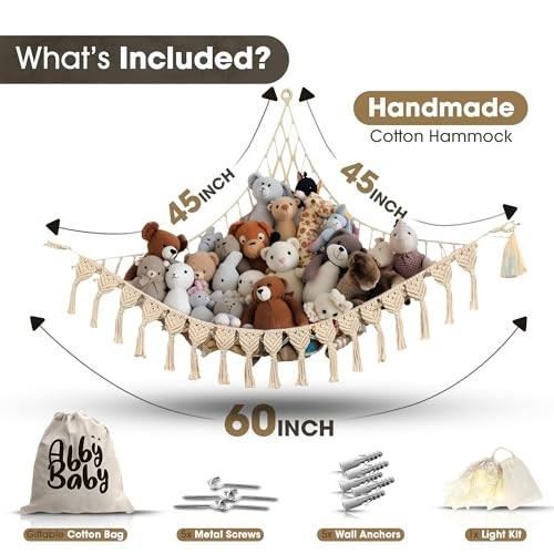 Extra Large Macrame Stuffed Animal Hammock with LED Lights - Plush Toy Storage N