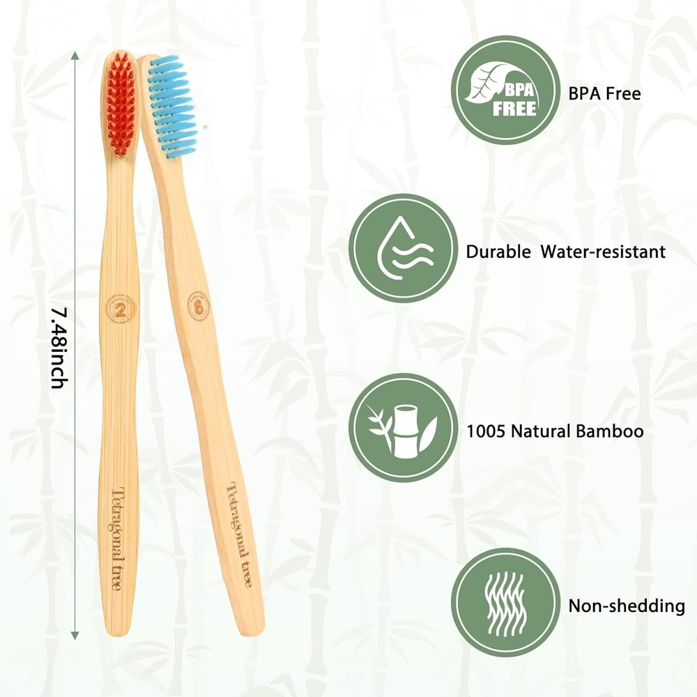 8 Count Bamboo Toothbrushes - BPA Free Soft Bristles, Biodegradable Eco Friendly