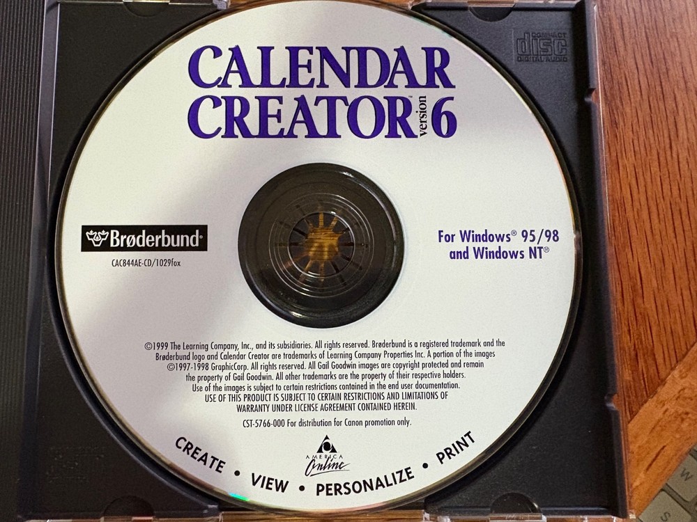 Broderbund Calendar Creator Version 6 Windows 95/98/NT CD Software