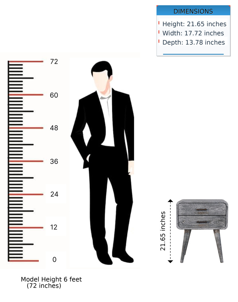 Solid Wood Sandblasted Ash Curved Bedside, 2-Drawers, Gray,Solid mango wood