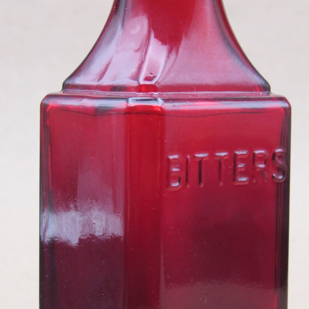 Wheaton Bottle, Ruby Red Bitters, 6" Rectangle Base, Embossed Text, Vintage NJ