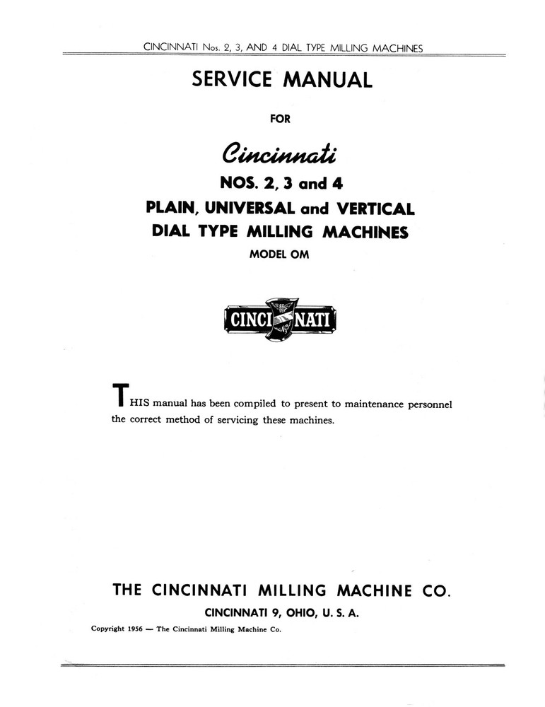 Cincinnati #2, #3, & #4 Model OM Dial Milling Machine Service Manual *37