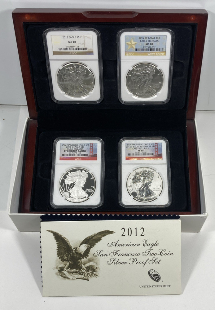 2012 4pc. Silver Eagle 1.00 Set. NGC MS70. All Varieties