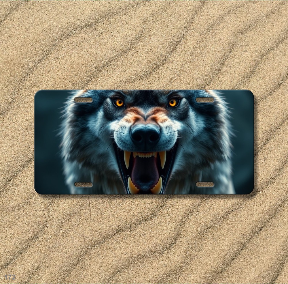 Aggressive Wolf License Plate Fierce Expression Optional Text Front Plate Unique