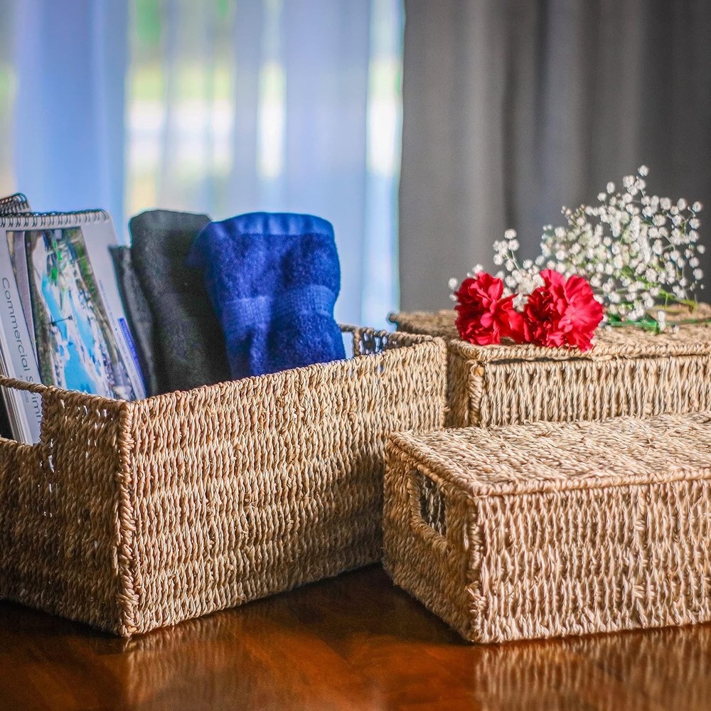 Stylish Storage Solution: Set of 3 Rectangular Seagrass Baskets with Lids