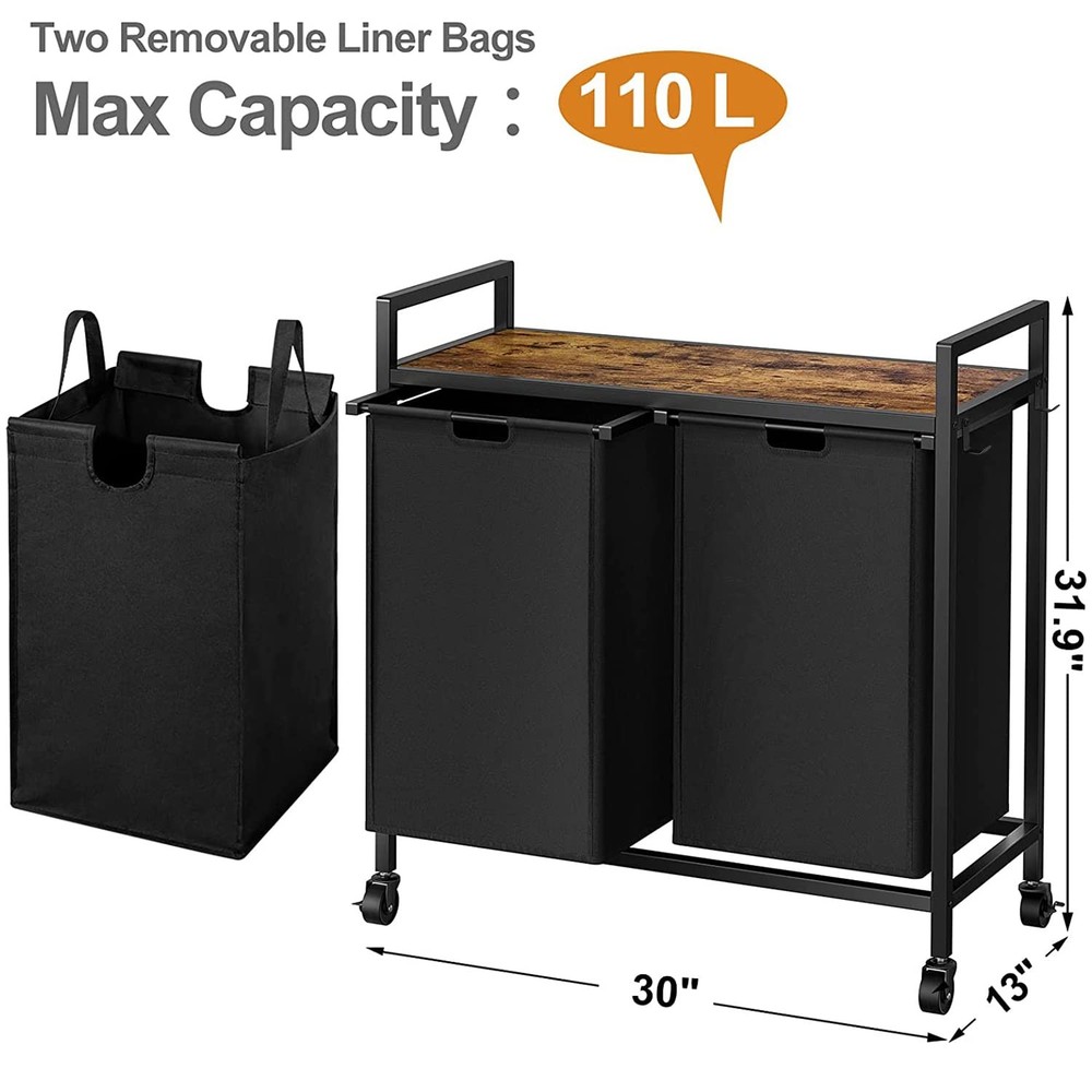 Double Laundry Hamper with Lid,Rolling Laundry Basket Organizer with Wheels, ...