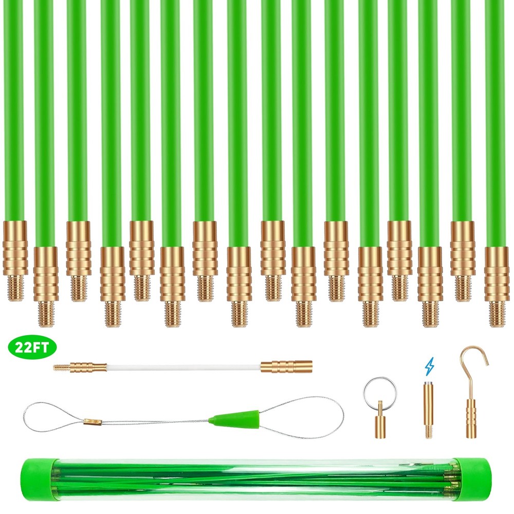 Fiberglass Fish Tape 22FT Electrical Wire Pulling Kit with Attachments for Ca...