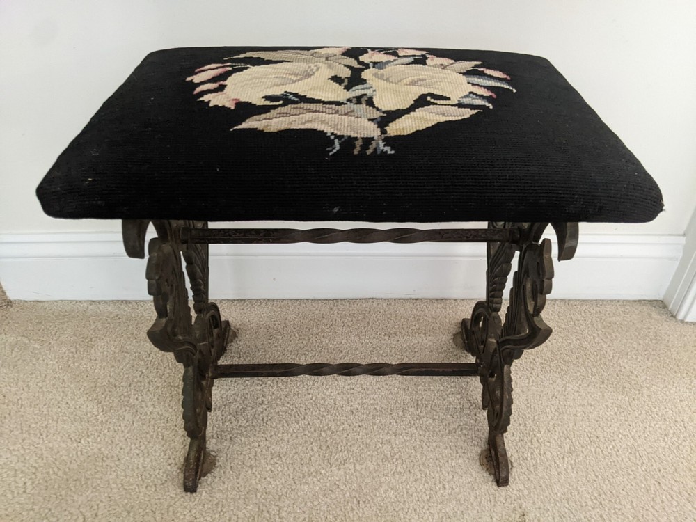 Victorian Floral Iris Needlepoint Bench Stool Ft. Bronzed Cast Iron Chimera Base