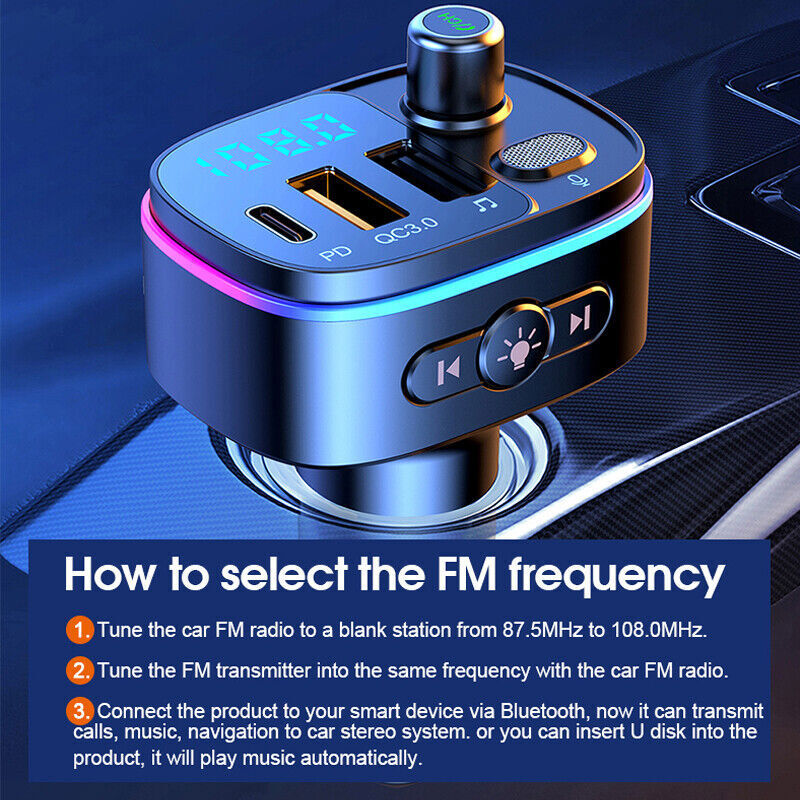 Bluetooth 5.0 Car Wireless FM Transmitter Adapter 2USB PD Charger AUX Hands-Free