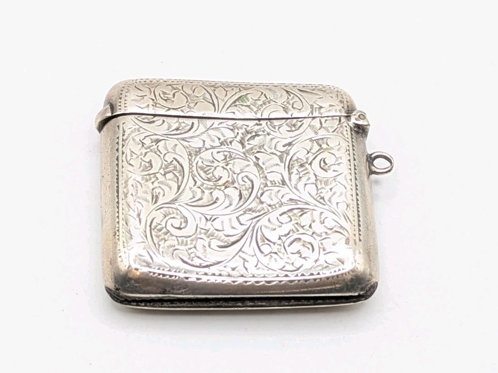 Antique Sterling Silver Etched Spiral Pattern HF Initialed 1914 Vesta Case