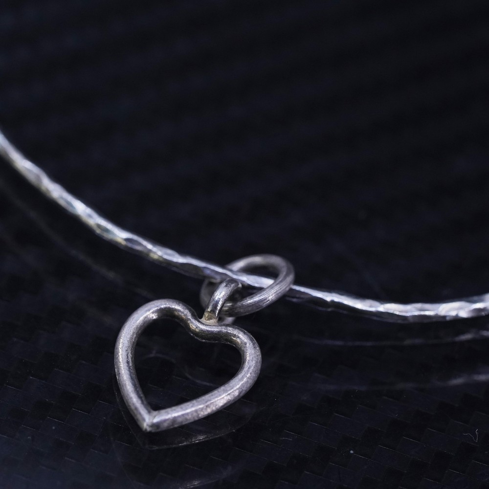 7.5”, sterling silver 925 hammered bangle, stackable bracelet with heart charm