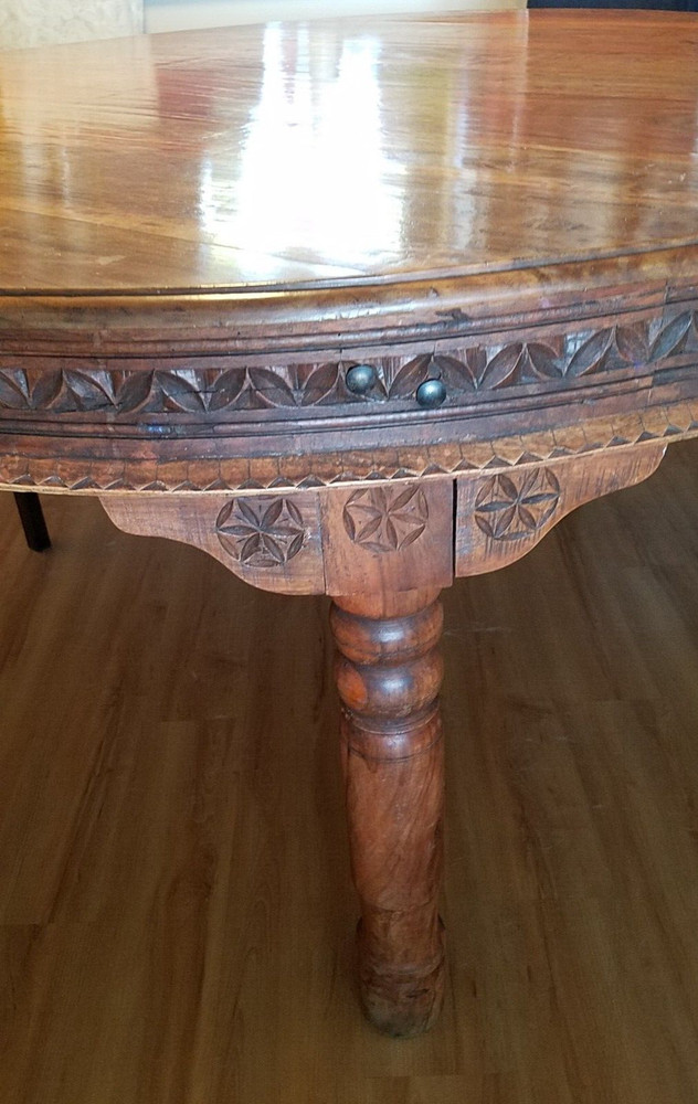 Rustic Custom Designed Solid Wood Round Indonesian Dining Table with 8 Chairs