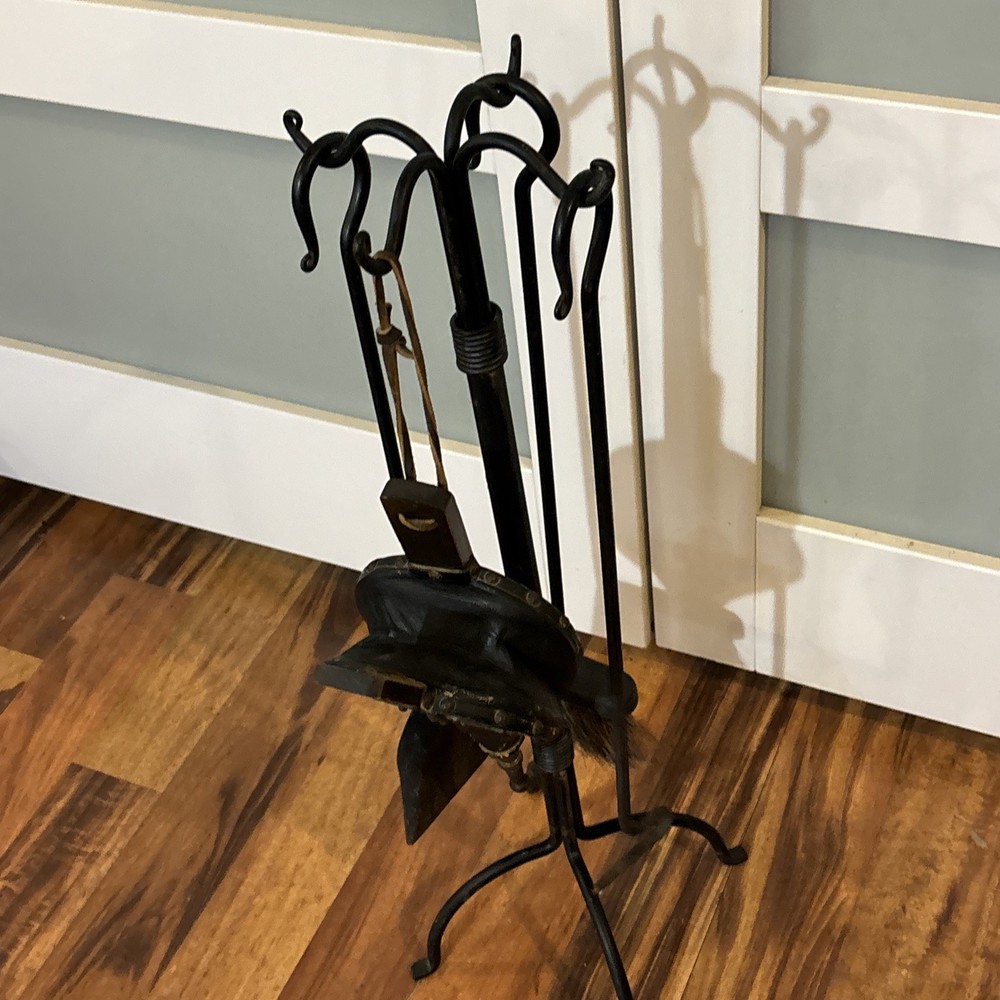 Vintage Fireplace Rustic Heavy Duty Compact Wrought Iron Tools Set w/ Bellow