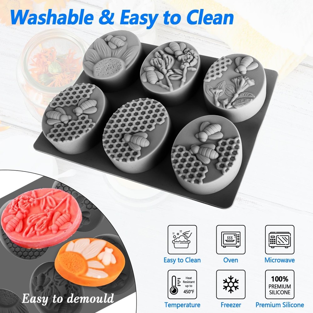 (More Styles Optional) 3 Pack Bee Soap Silicone Molds Set, Oval, Rectangular ...