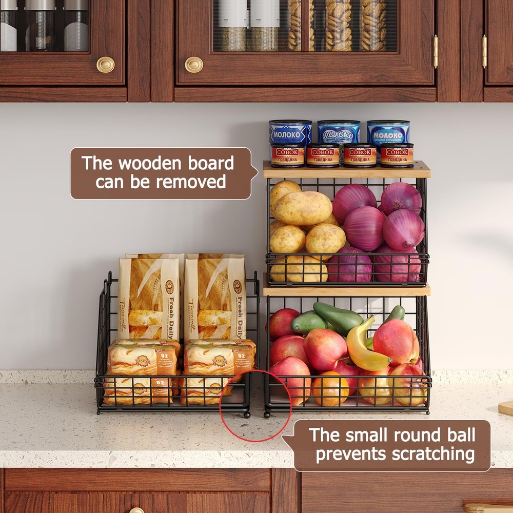 2PCS Stackable Wire Basket Organizer with Wood Top Kitchen Storage Fruit Bread