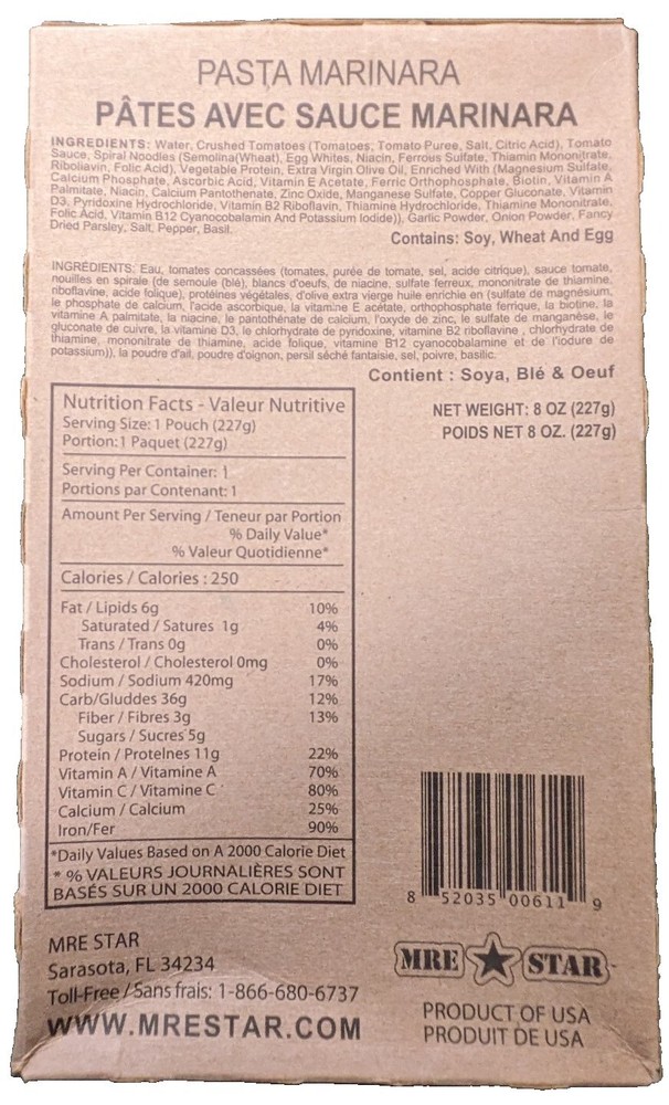 MRE Star Pasta Marinara With Veggie Meat Crumbles 8 Oz. Package