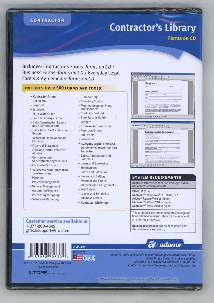 Excellent Brand New TOPS Contractor's Forms & Tools Software Library Software