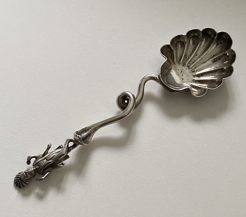 Antique Solid Silver SHIVA SNAKE CHARMER  FIGURAL SPOON - SHELL BOWL   (5H11)