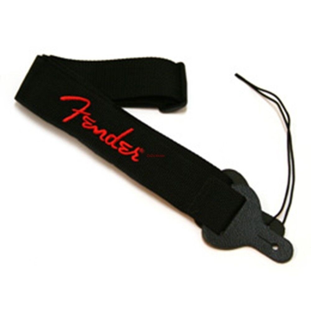 Fender Poly Guitar Strap with Leather Ends, Black w/ Red Logo