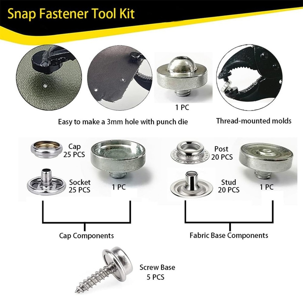 Heavy Duty Snap Fastener Tool Kit with 25 Sets Snaps, Includes Fabric Snap Bu...