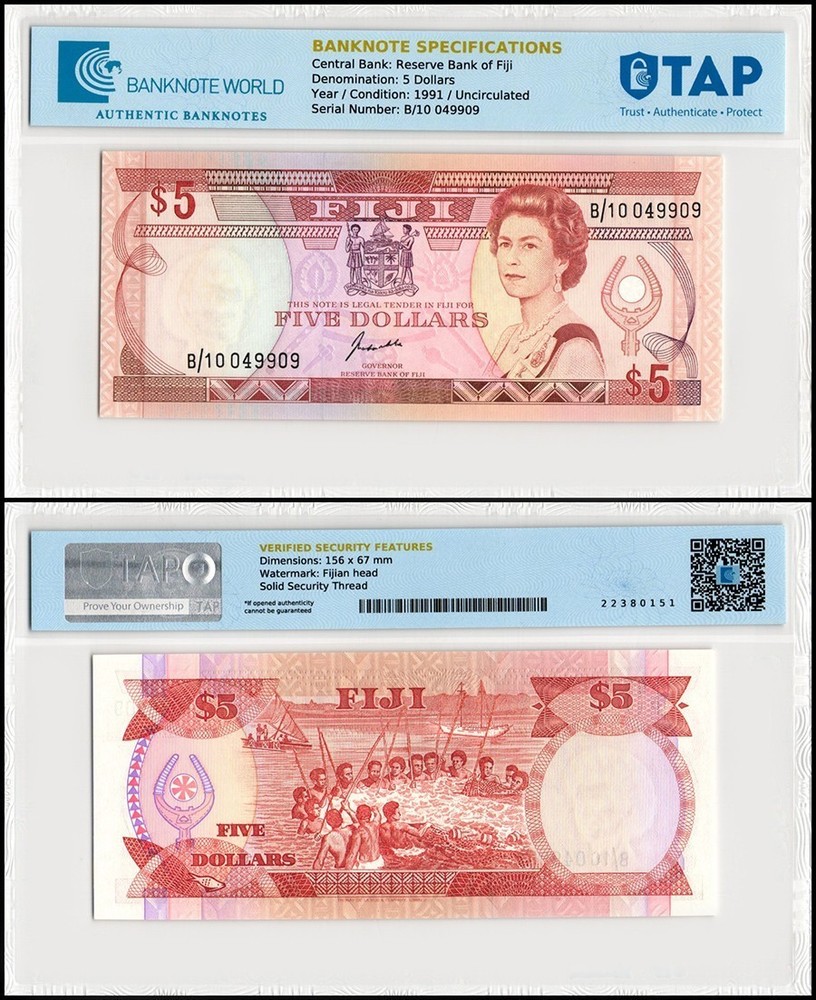Fiji 5 Dollars, 1991 ND, P-91a, UNC, TAP Authenticated