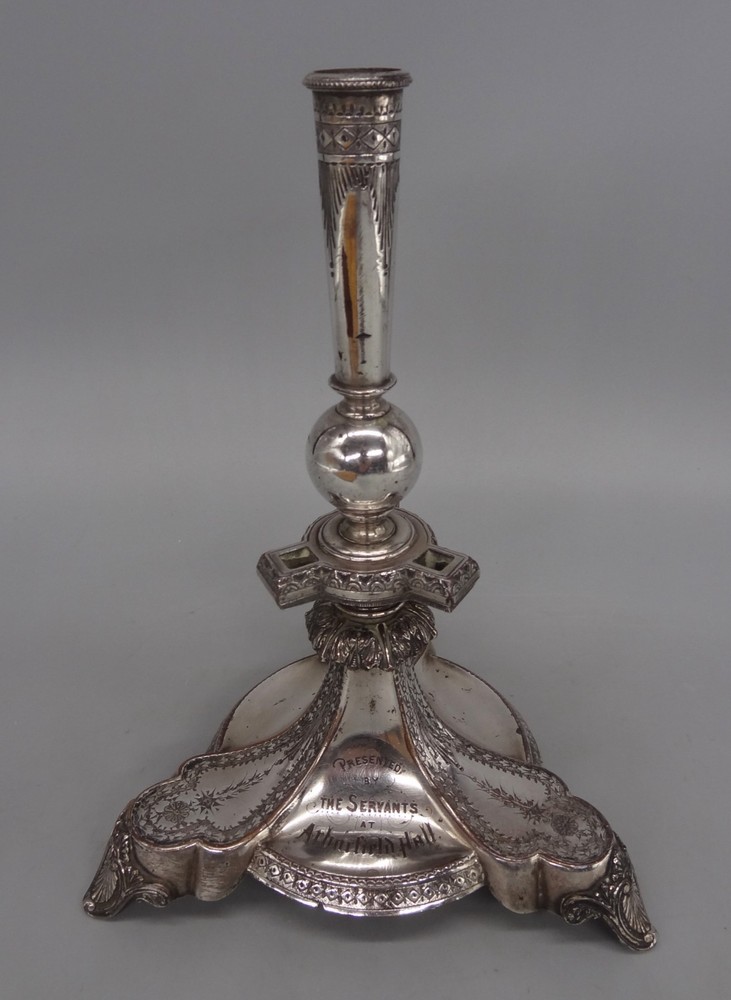 Superb 1880 Arborfield Hall Silver Plated Candlestick Presented by the Servants
