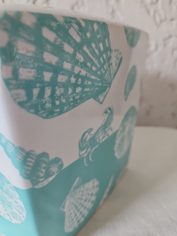 Ceramic Tissue Box Cover Beach House Seashell Crab Aqua White