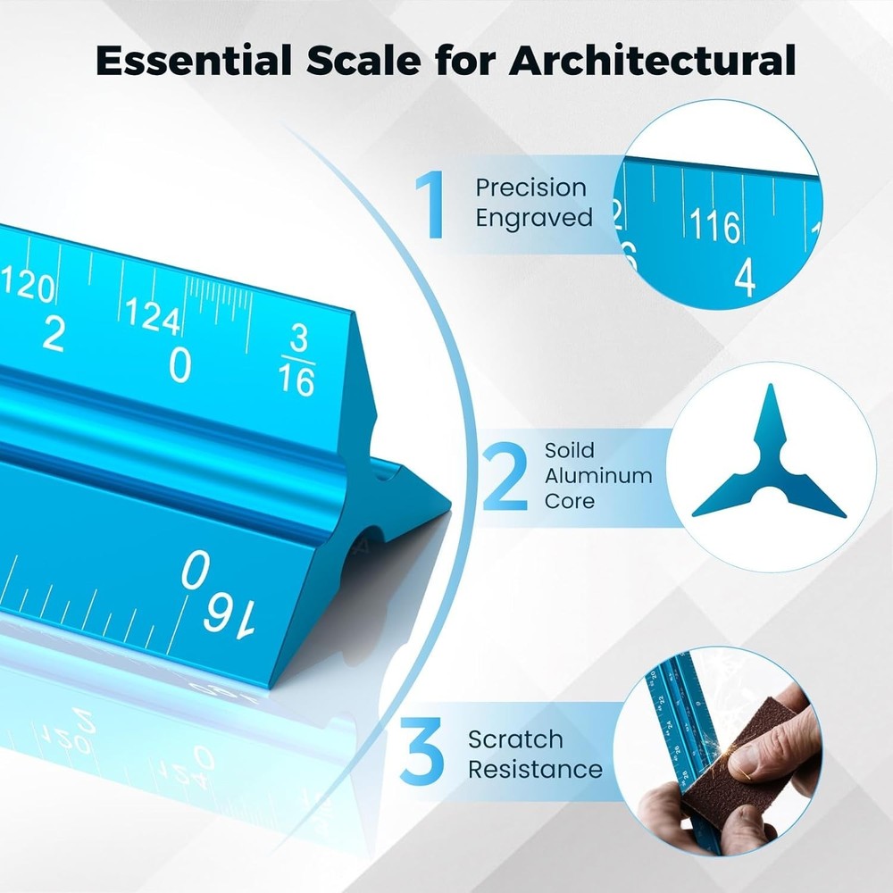 12-Inch Triangular Architect Scale Ruler - Durable Aluminum Measuring Tool
