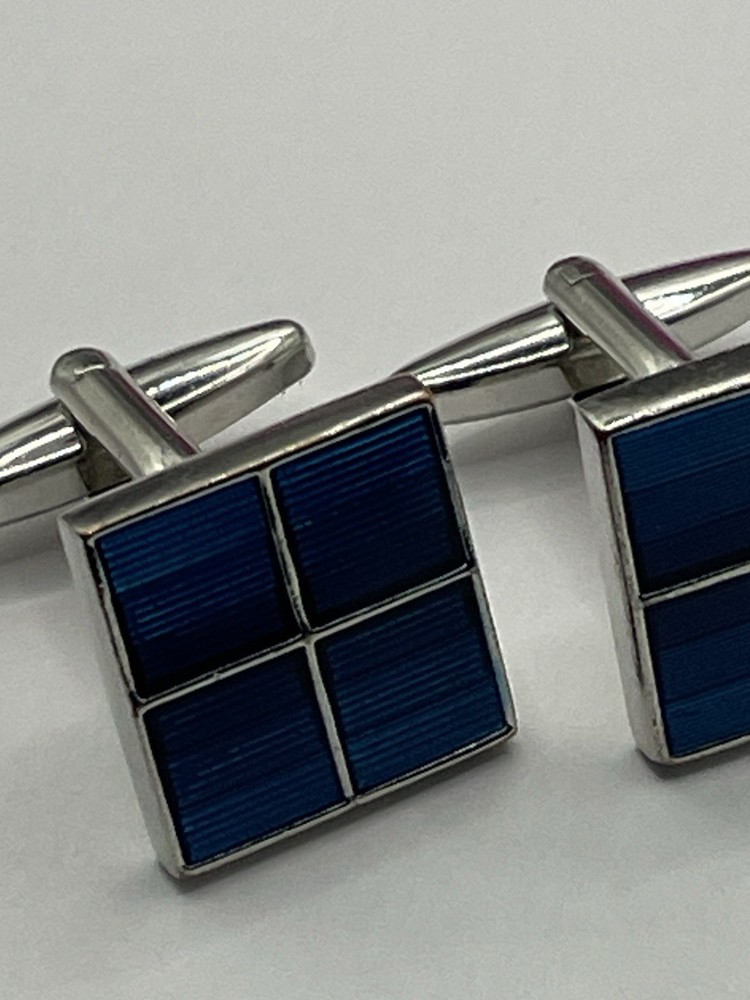 Cufflinks, Silver Tone & Mid Blue Square Front, Bullet Back