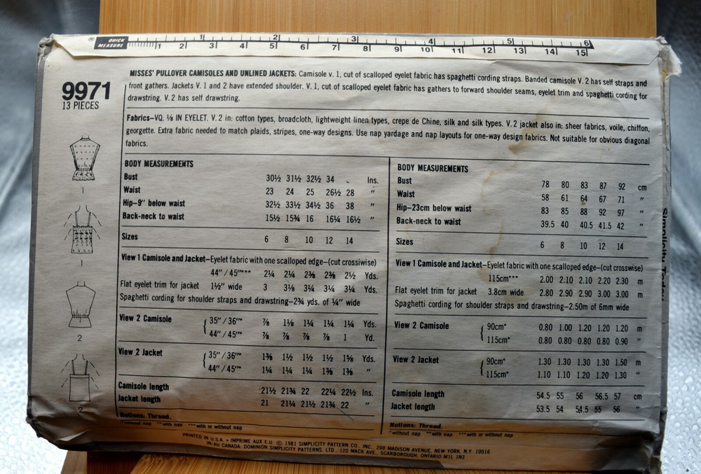 9971 Simplicity Misses Pullover Camisole Unlined Jacket Size 12 Sewing Pattern