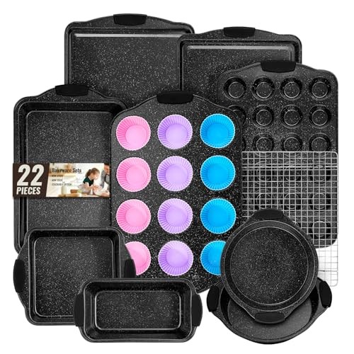 Baking Pans Set Nonstick, Bakeware Sets Stackable with Silicone Handles,  Black