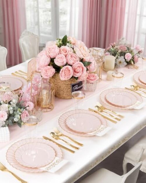 Scalloped Plastic Plates - Gold Disposable Dinnerware Set Include 175PCS Pink