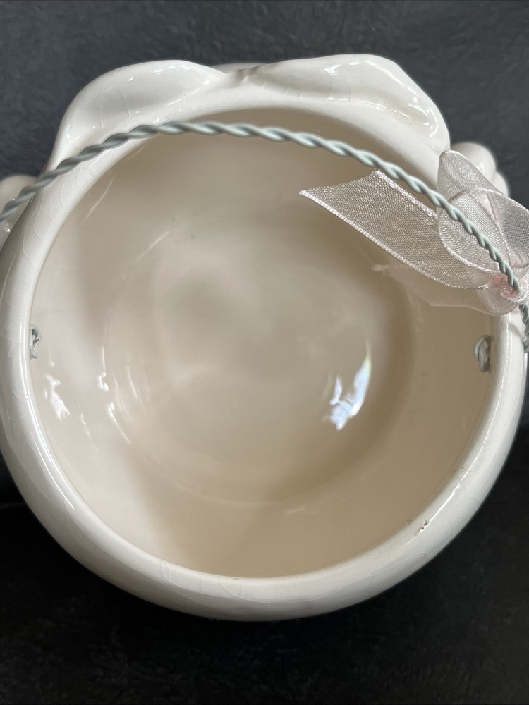 Bunny Rabbit Ceramic Round Candy Dish, Wire Handle, White W/ Pink & Black, Cute!