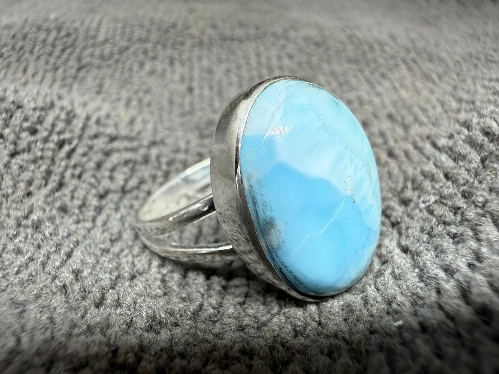 Solid 925 Sterling Silver Larimar Large Oval Blue Stone Handmade Boho Band Ring