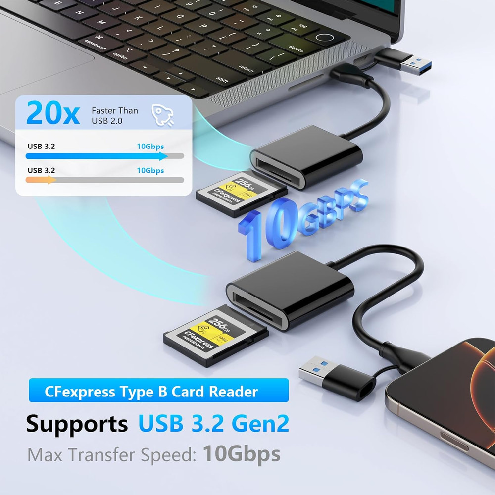 CFexpress Type B Card Reader with USB 3.2 (Gen 2) 10Gbps, USB-C&USB-A 2-in-1 Typ
