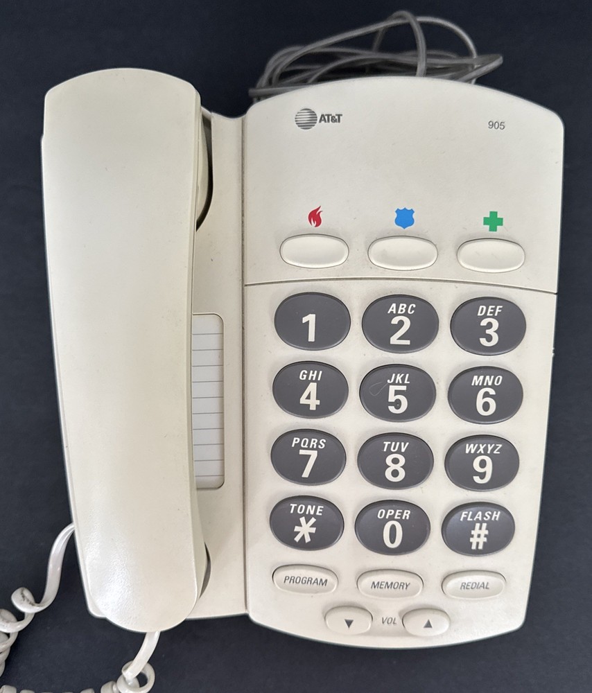 AT&T Large Push Button Phone Model 905 Memory Dial Extra Long Cord Vintage