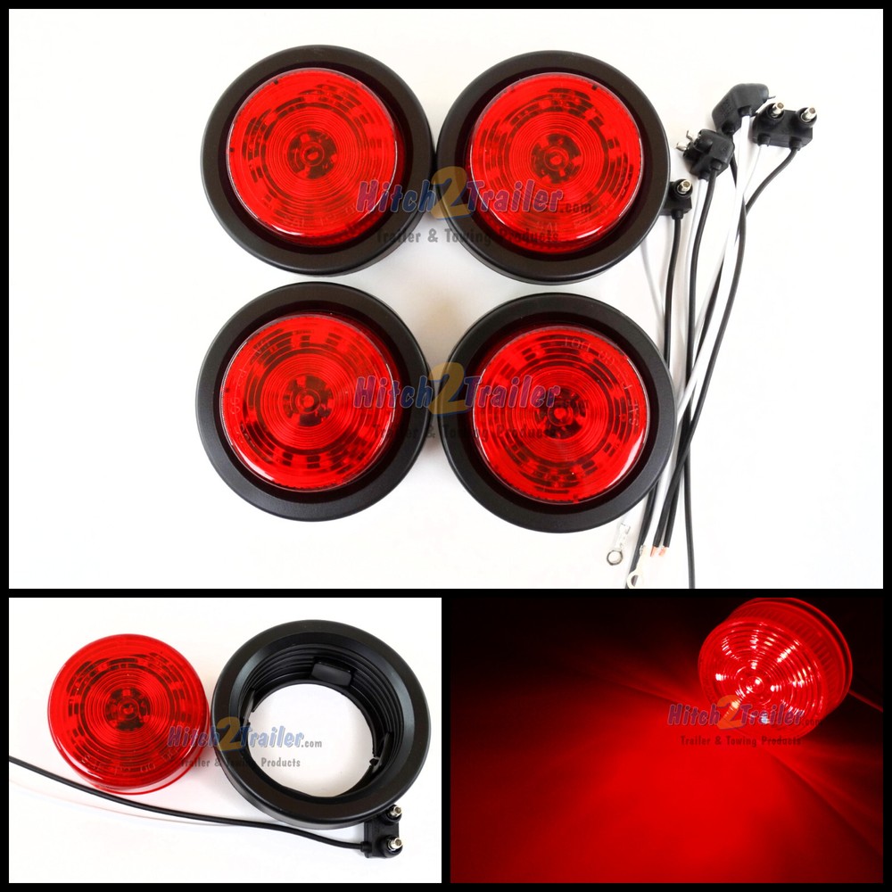 (4) RED 12 LED Light Trailer 2-1/2" round,w/plug,Grommet Clearance marker 2.5"