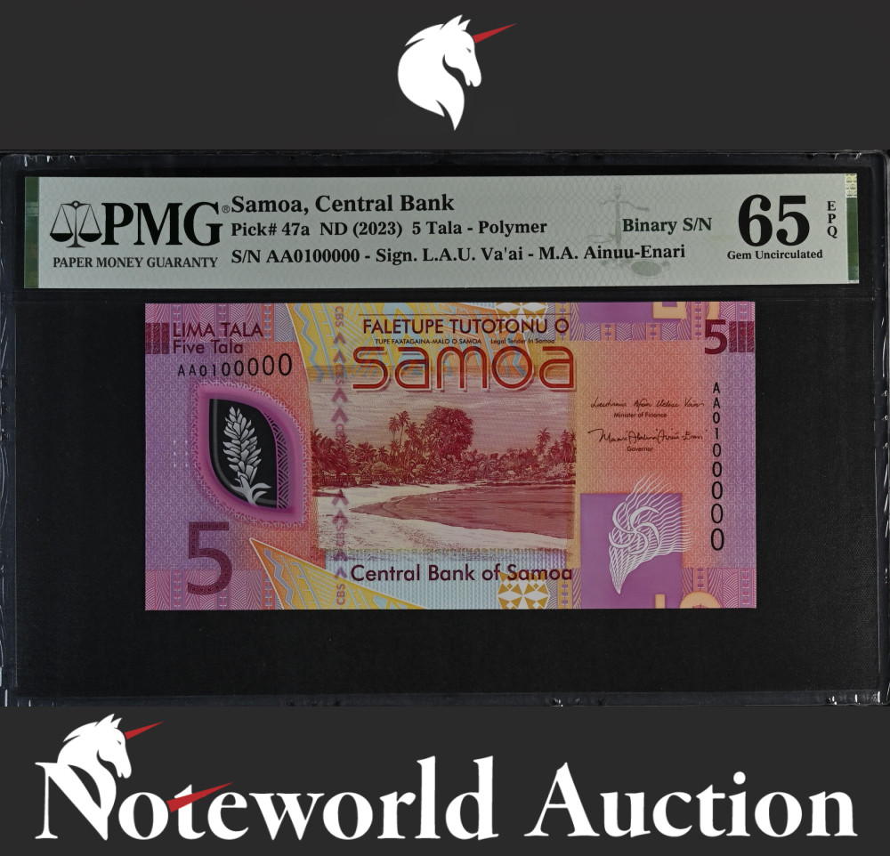 Samoa 5 Tala ND (2023) P 47a Polymer Prefix AA Binary NO. 0100000 UNC PMG 65 EPQ