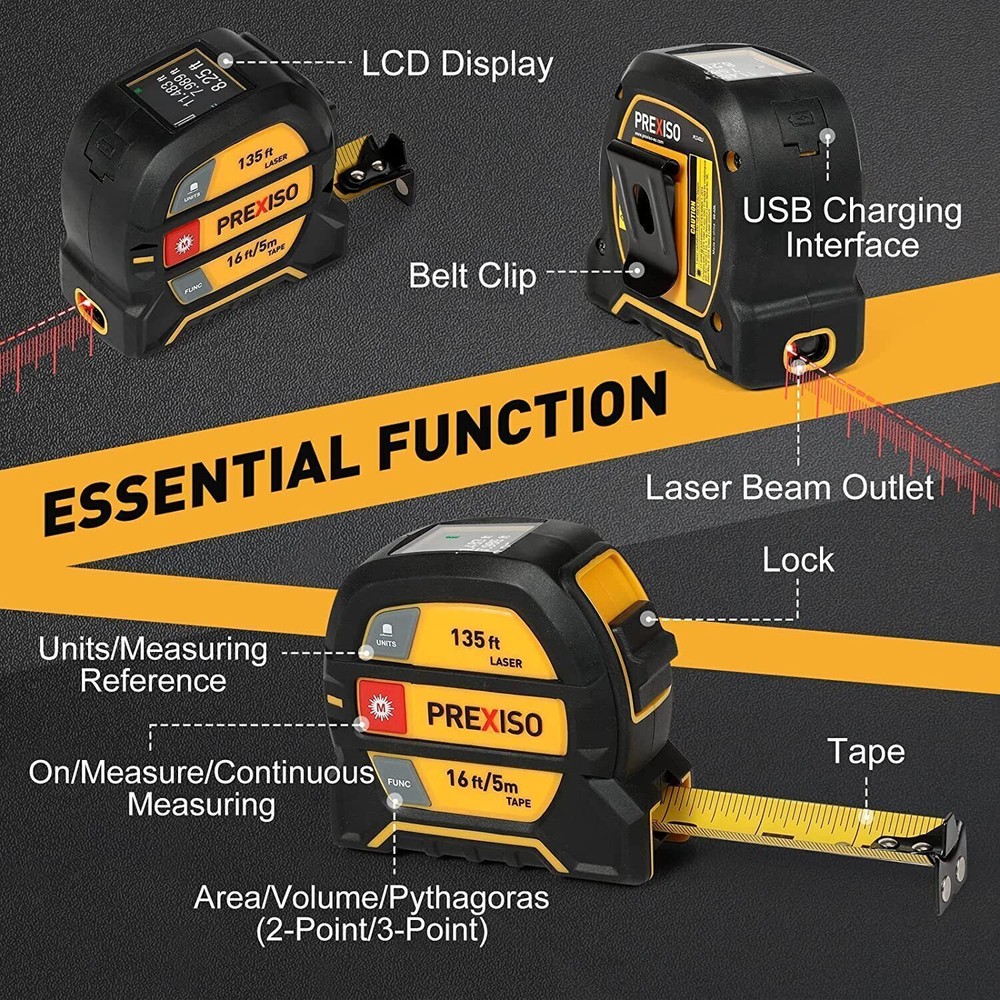 PREXISO 2-in-1 Laser Tape Multi-Function Measure Laser Measurement Tool 16 Ft